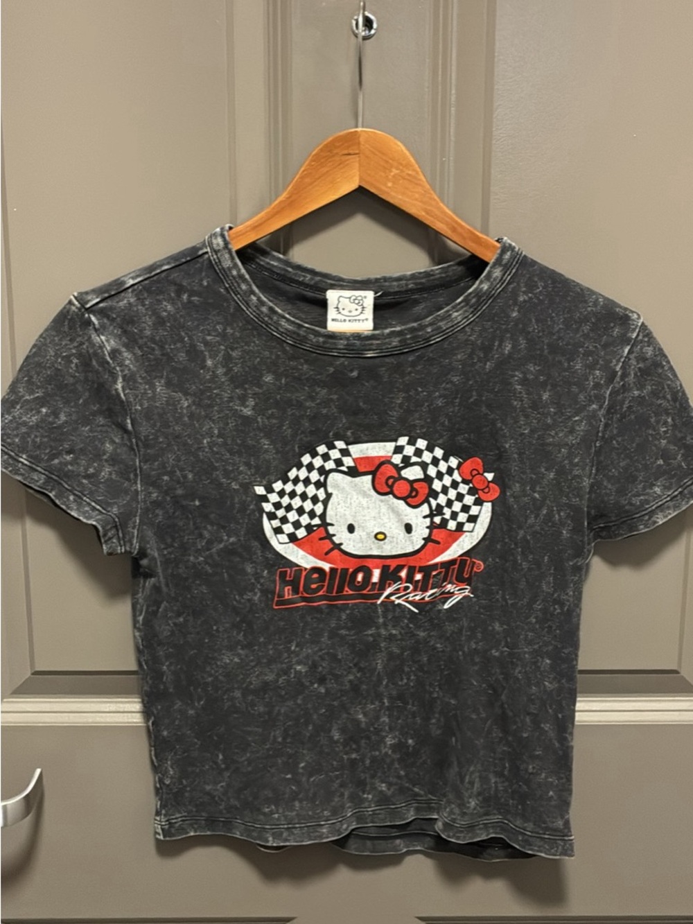 Hello Kitty Black Mineral Wash Racing Graphic Tee with Red Accents
